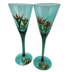 Handpainted Teal Glass Wine Glass Pair Orange Tropical Flowers Boho Beach Summer